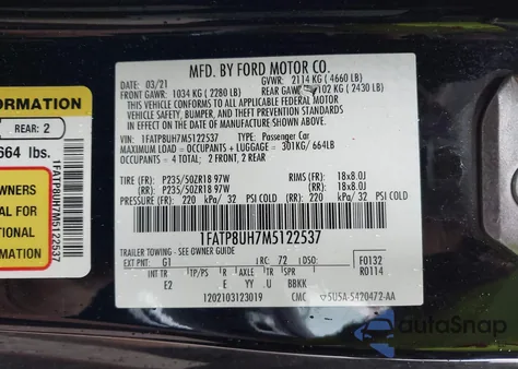 2021 Ford Mustang Ecoboost Premium z USA, uszkodzony, nr VIN 1FATP8UH7M5122537